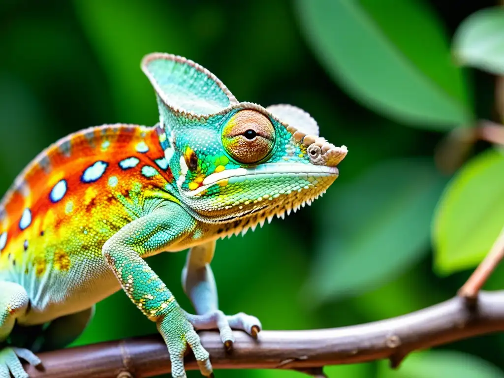 Un camaleón camuflado en una rama, con su piel de vibrantes colores y patrones