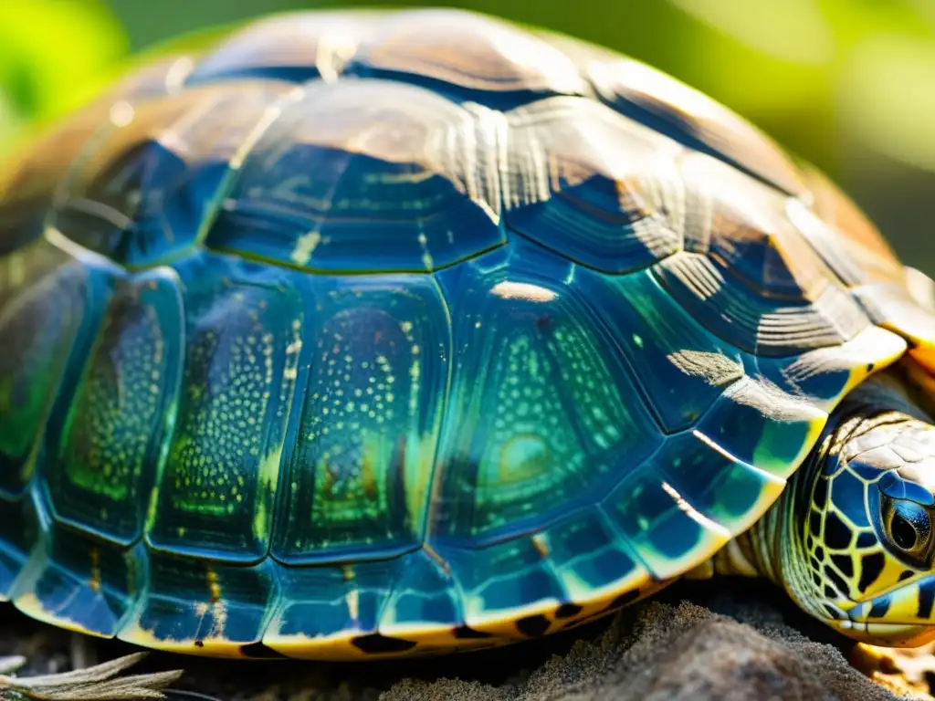 El caparazón de la tortuga muestra patrones y texturas intrincados en tonos terrosos y verdes