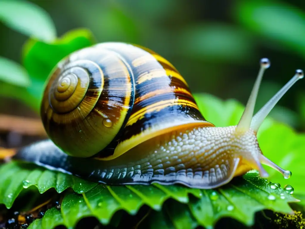 Un caracol gigante africano se desplaza lentamente por el húmedo suelo del bosque, dejando un rastro brillante