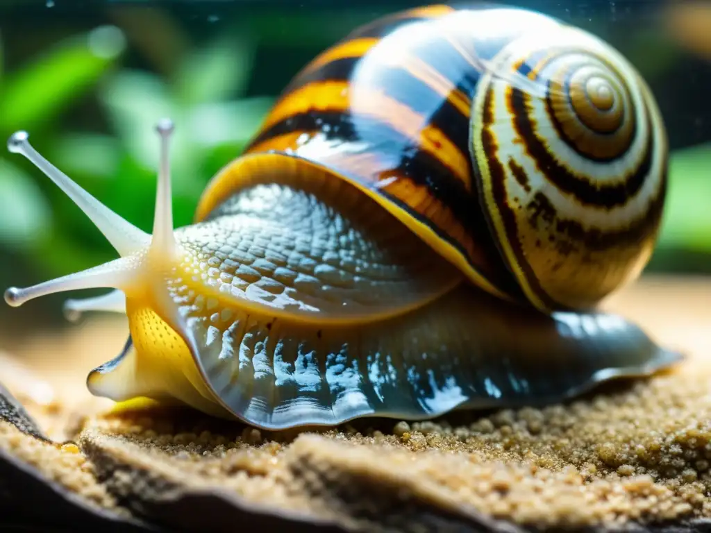 Un caracol gigante africano se desliza por el terrario, dejando un rastro brillante bajo las luces