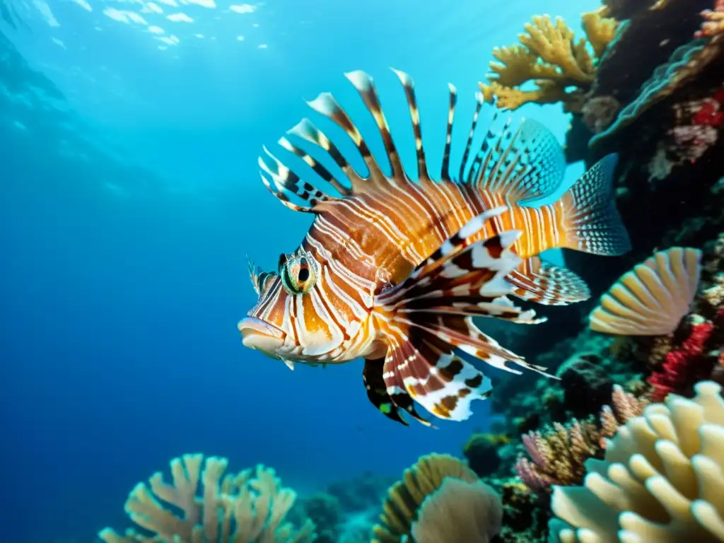 Cardúmen de peces león invasores entre corales, impactando la biodiversidad acuática con su presencia