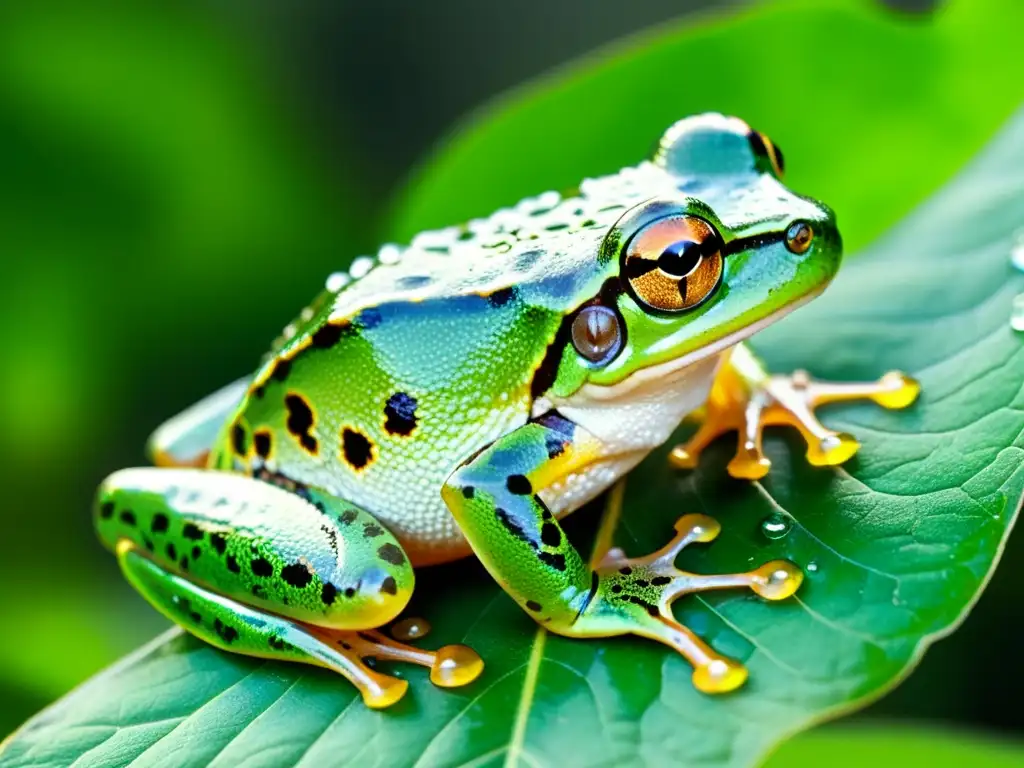 Un cautivador árbol de rana verde en su hábitat natural, con su piel translúcida y ojos dorados en primer plano