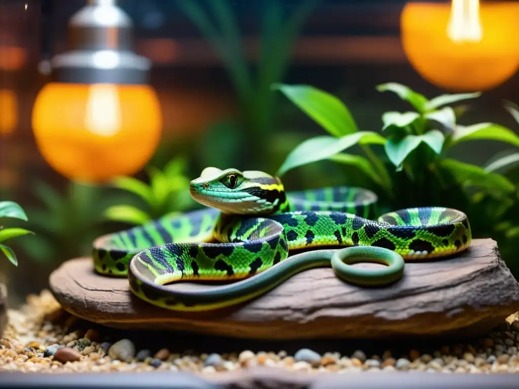 Un cautivador escenario de interacciones sociales entre reptiles cautivos, con serpientes y lagartijas bajo una lámpara de calor en un terrario