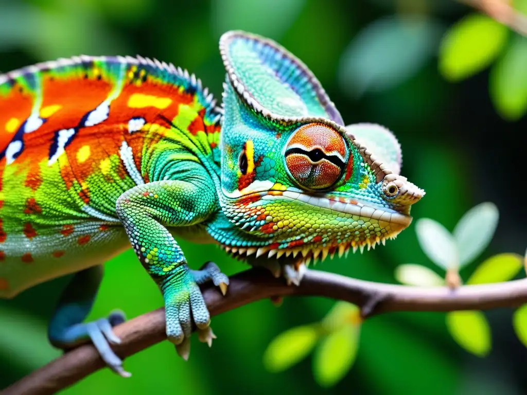 Un cautivador hábitat para reptiles, con un camaleón colorido y vibrante, rodeado de enriquecedoras características ambientales