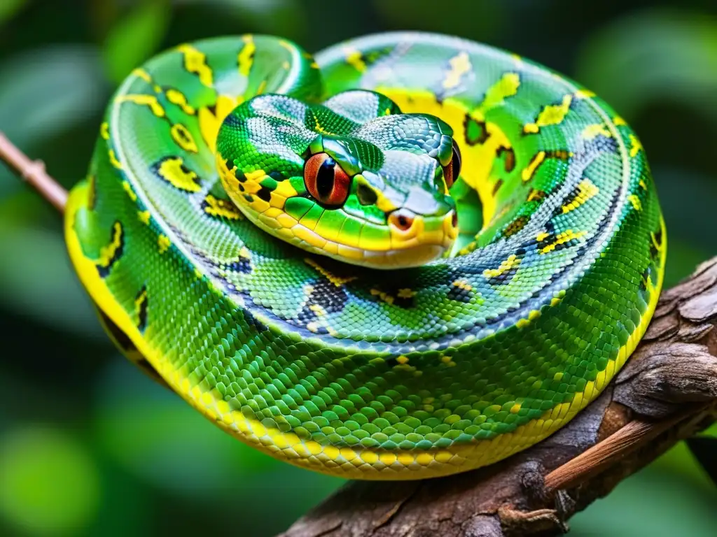 Un cautivador retrato de una pitón arbórea verde en su hábitat natural, destacando su belleza y elegancia