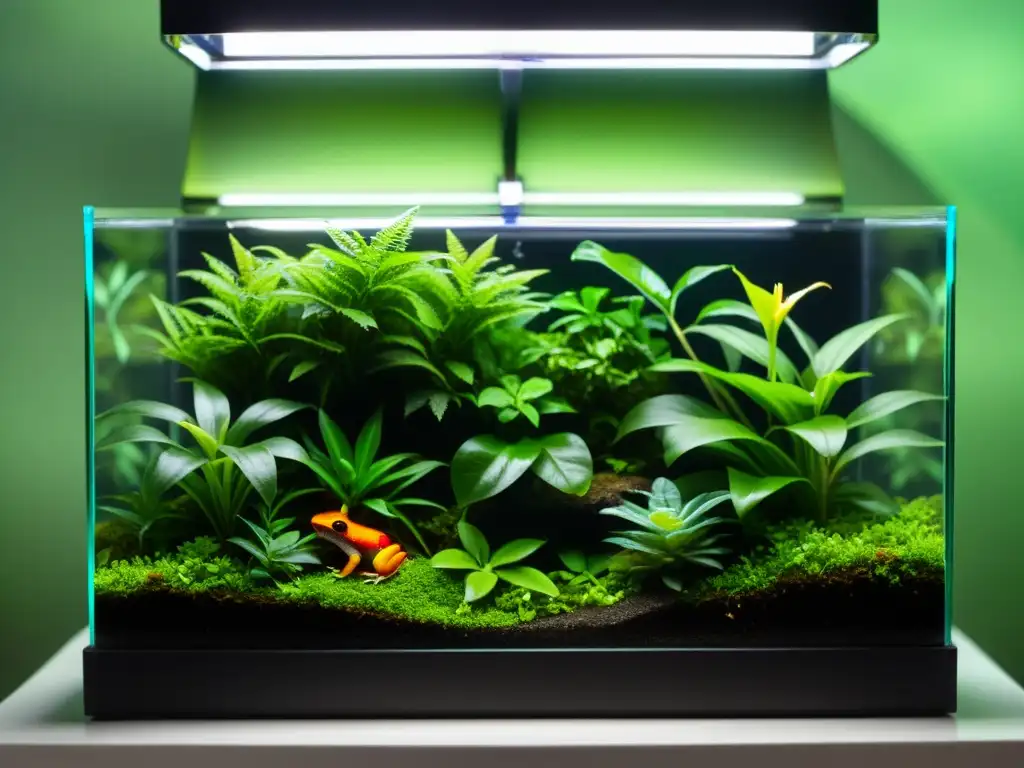 Un cautivador terrario con anfibios coloridos mostrando comportamiento natural en cautiverio