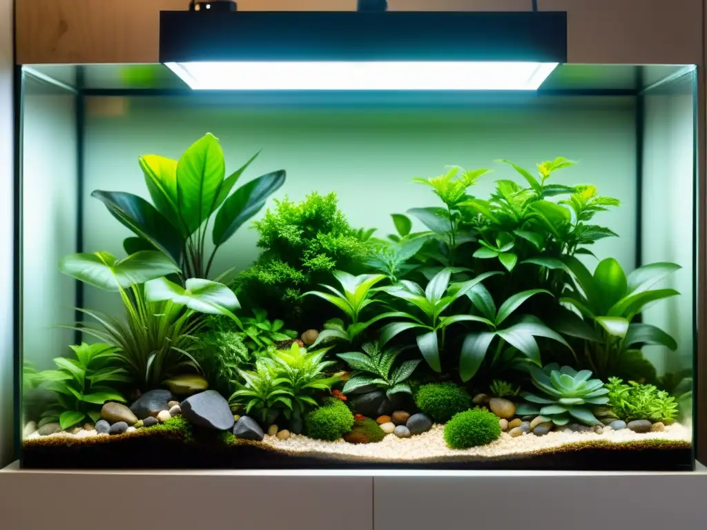 Un cautivador terrario bioactivo para lagartos, con exuberante vegetación y un entorno naturalmente acogedor