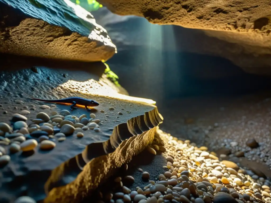 Una cautivadora fotografía subterránea de anfibios cavernícolas: un pequeño y translúcido salamandra aferrada a una húmeda roca en una oscura cueva