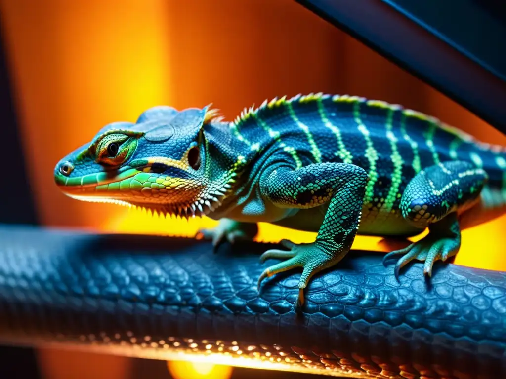 Un cautivante reptil bajo una lámpara de calor, con ondas de calor visibles y sus escamas brillando