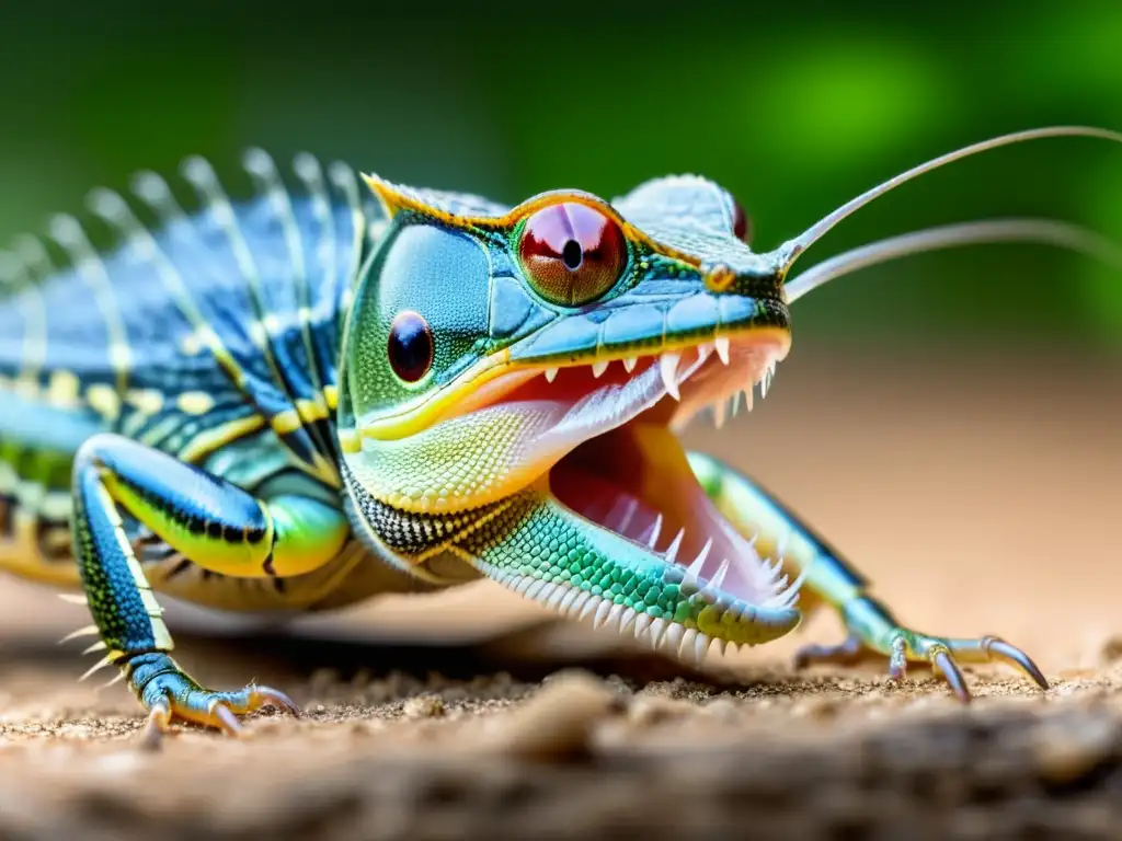 En cautiverio, reptil adaptando dieta captura grillo con lengua, detalle escamas, patrón exoesqueleto y brillo en ojo