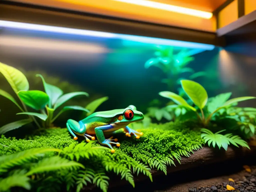 Hábitat en cautiverio para reptiles: Un exuberante y diverso ambiente lluvioso con ranas trepadoras y plantas vibrantes