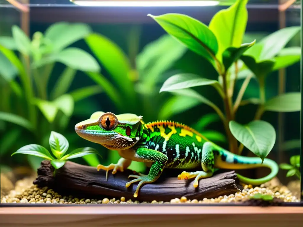 Hábitat cautivo para reptiles: detallada terrarium tropical con exuberante follaje, un arroyo y un reptil camuflado