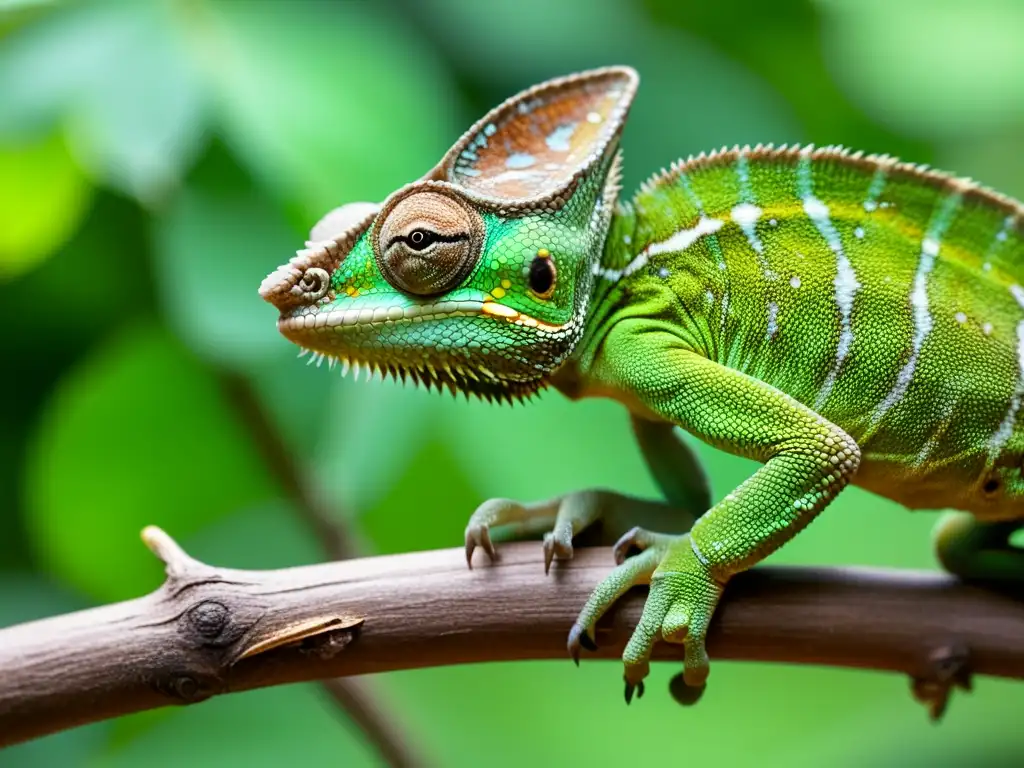 Chamaleón desnutrido en rama, con ojos hundidos y piel descolorida, resalta la desnutrición en anfibios y reptiles