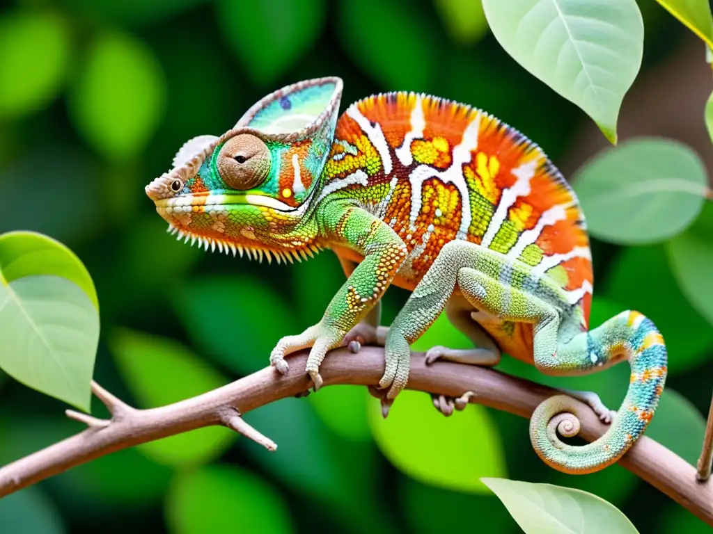 Chamaleón mostrando sus estrategias de supervivencia en reptiles al camuflarse perfectamente con su entorno natural