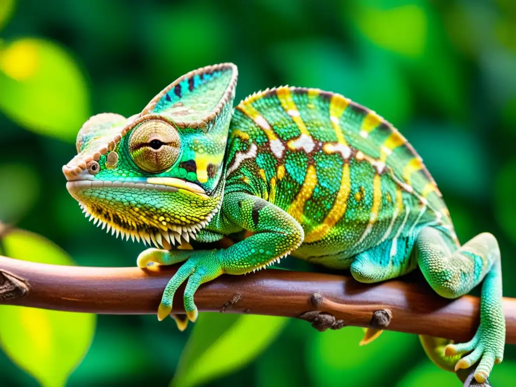 Chamaleón en rama con patrones de color amarillo y turquesa, comunicación cromática reptiles significado colores