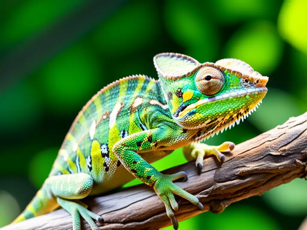Chamaleón verde en acción: caza asombrosa Chamaleón verde en rama, piel detallada, ojos brillantes, capturando insecto