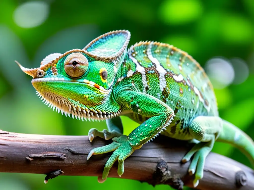 Chamaleón verde en rama con patrón de piel único, preparándose para cazar