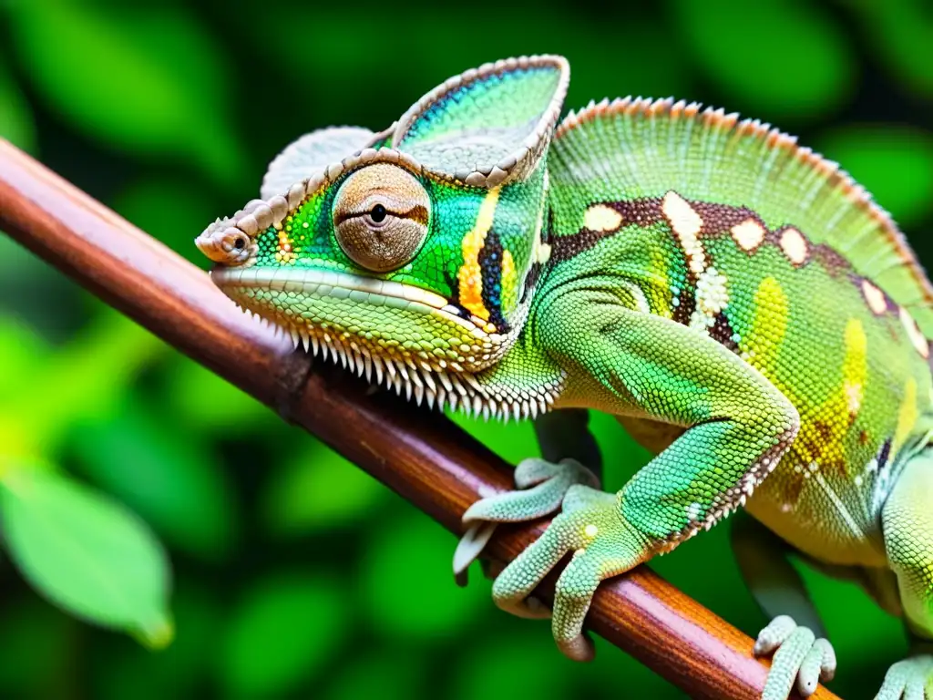 Chamaleón verde en la selva tropical, detallado y vibrante