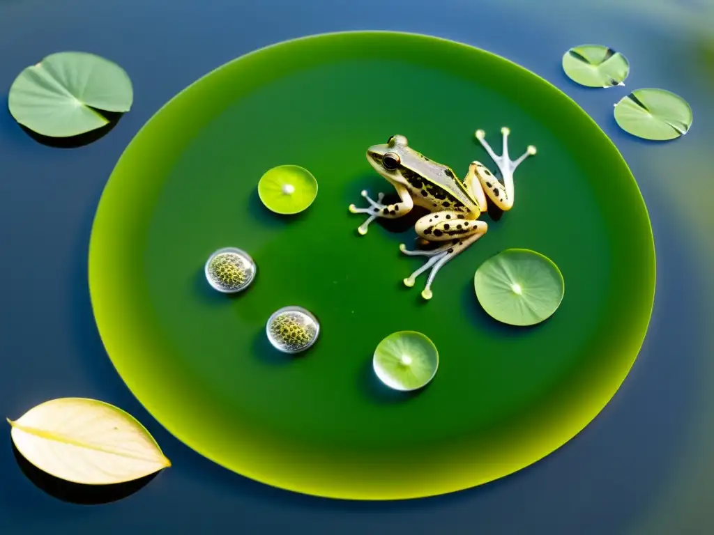 Metamorfosis de la rana: del huevo al lirio Ciclo de vida renacuajo anfibio: Imagen detallada y colorida del desarrollo desde el huevo hasta el adulto en un entorno acuático vibrante