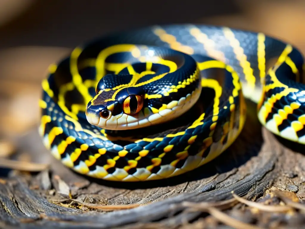 Ciclo de vida de serpiente: Imagen detallada de una serpiente juvenil mudando su piel, con patrones y texturas impresionantes, bajo la luz del sol