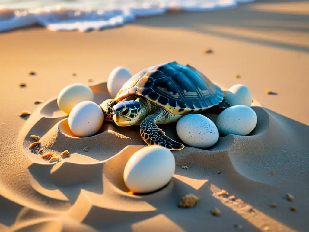 Ciclo de vida y hibernación de tortugas: Detalles delicados de nido de tortuga marina en la arena al atardecer, con crías emergiendo