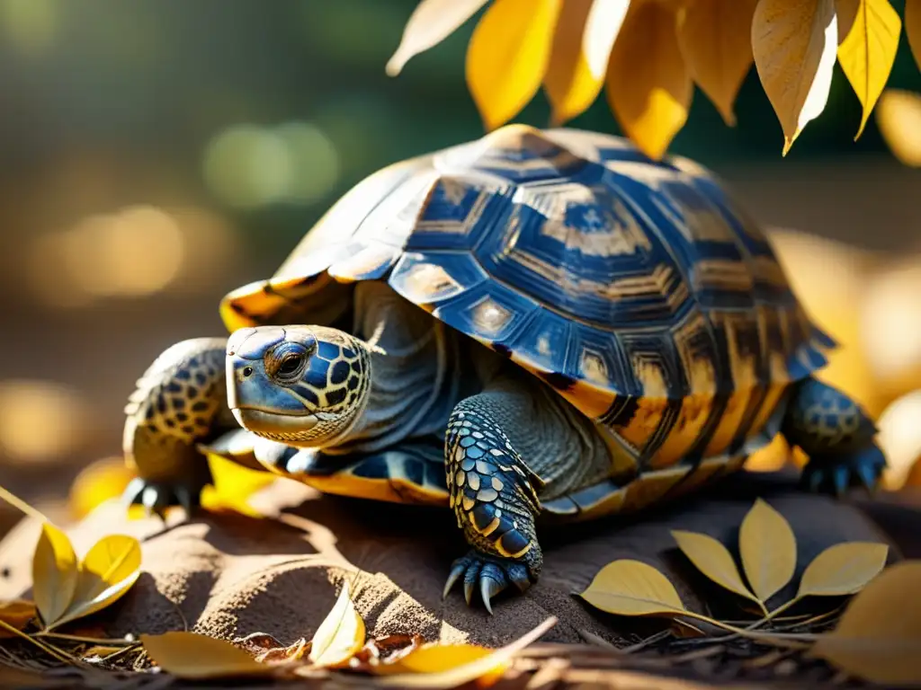 Ciclo de vida y hibernación de tortugas: Una tortuga descansando en hojas doradas, su caparazón muestra patrones y texturas