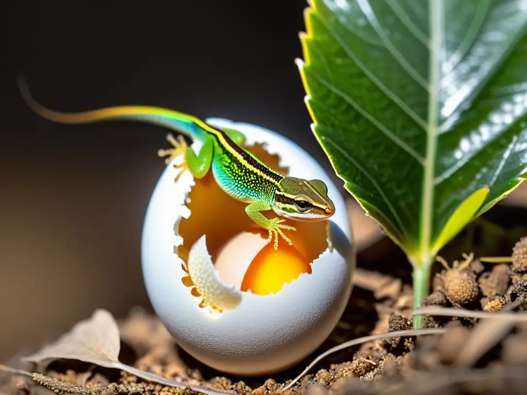 Ciclos de vida lagartos: Un pequeño lagarto recién nacido rompe su huevo, iluminado por la cálida luz del sol entre las hojas