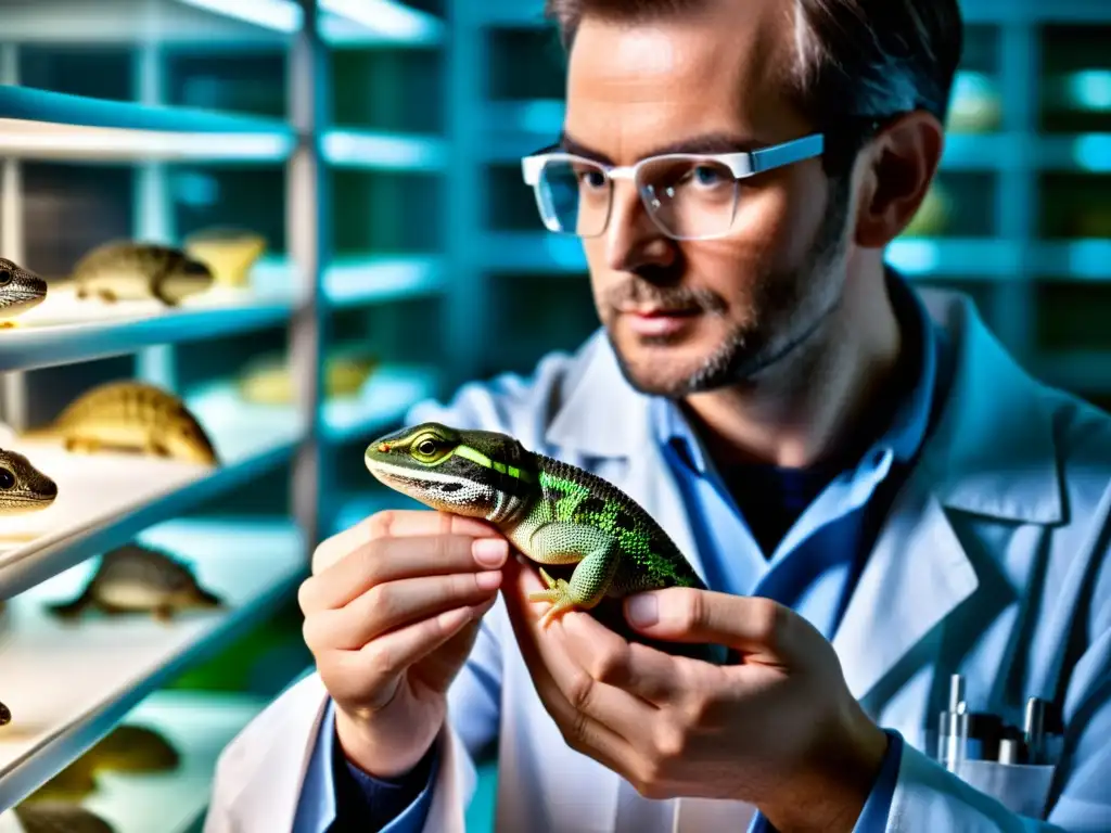 Una científica sostiene con cuidado un pequeño reptil en sus manos, con expresión pensativa y ética en experimentación con reptiles