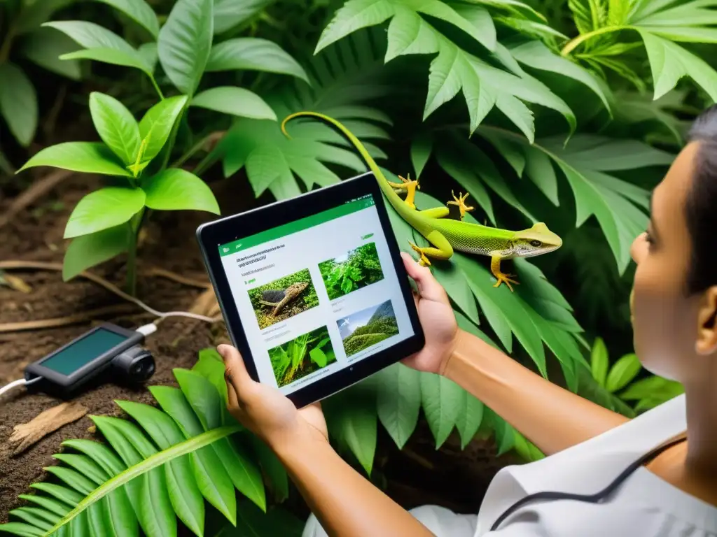 Un científico usando una app especial en una tableta para monitorear lagartos en su hábitat natural