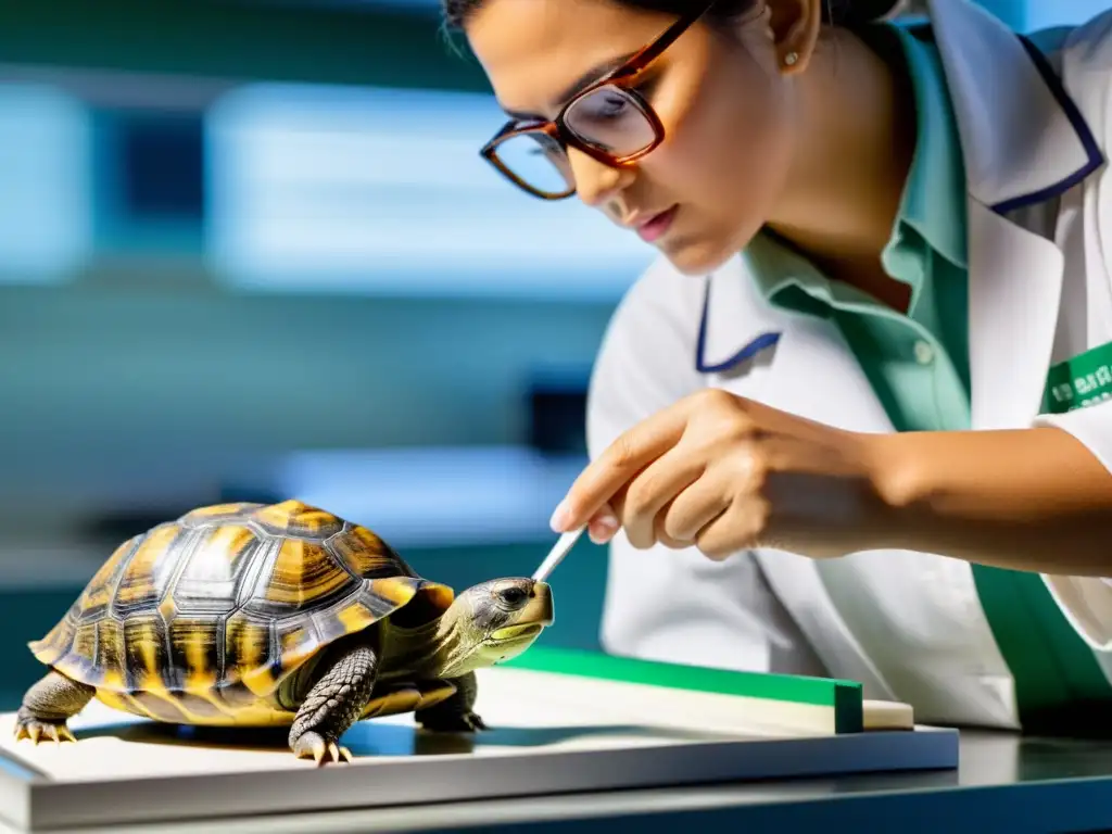 Un científico mide con cuidado las dimensiones de la concha de una tortuga en un laboratorio de cría selectiva de tortugas ética