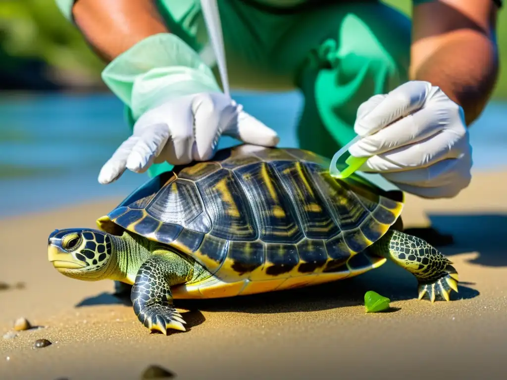 Un científico aplica con cuidado un dispositivo de monitoreo a la concha de una tortuga recién reintroducida, en un entorno natural exuberante