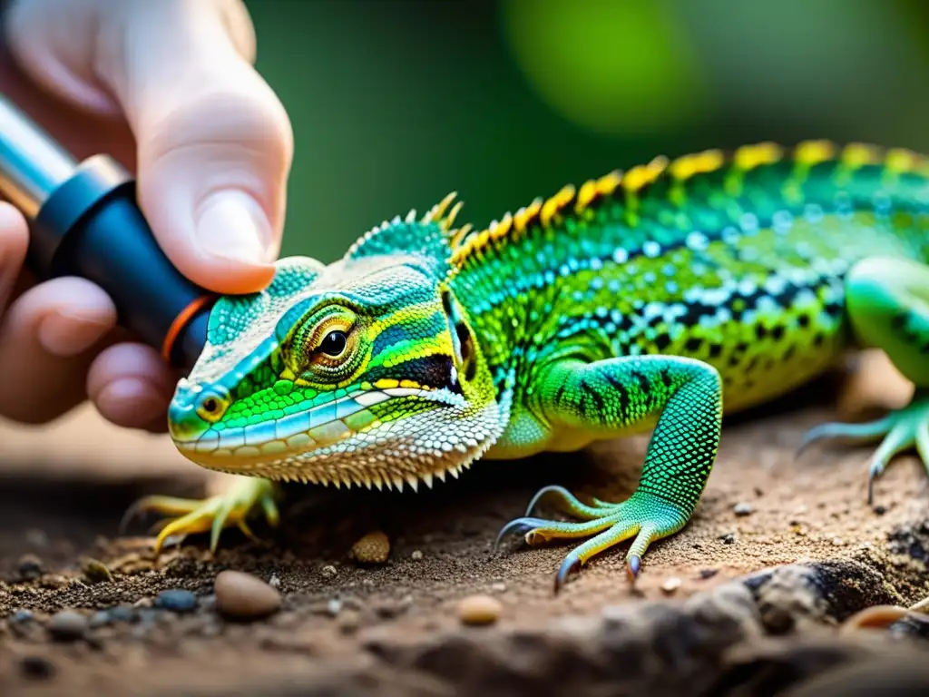 Un científico aplica con cuidado un dispositivo de rastreo a la pata de un majestuoso lagarto, destacando la precisión científica y la belleza natural