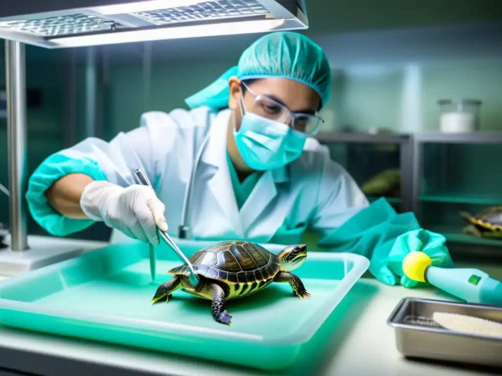 Un científico realiza con cuidado una esterilización en una tortuga en cautiverio