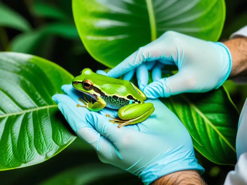 Un científico recoge con cuidado una muestra de ADN ambiental de la piel de una rana arbórea