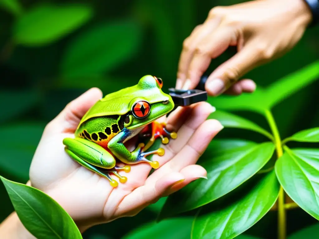 Un científico posiciona con cuidado el objetivo de una cámara de alta resolución para documentar visualmente a una vibrante rana de ojos rojos en la selva tropical