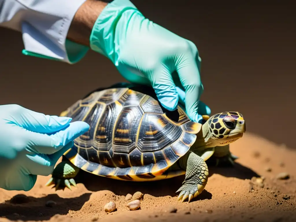 Un científico coloca con cuidado un pequeño dispositivo tecnológico en el caparazón de una tortuga, en armonía con la naturaleza