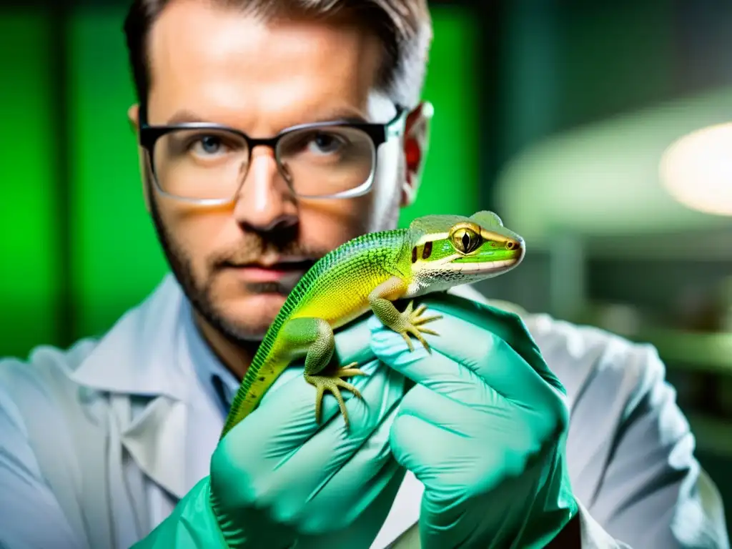 Un científico sostiene con cuidado un pequeño reptil verde en un laboratorio, mostrando ética en experimentación con reptiles