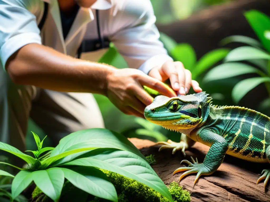 Un científico libera con cuidado un raro reptil en su hábitat natural, rodeado de exuberante vegetación y vida silvestre