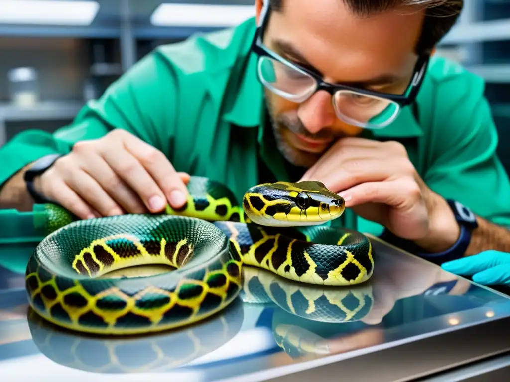 Un científico examina con cuidado una serpiente hermosa en un laboratorio de investigación, destacando la ética en investigación científica serpientes