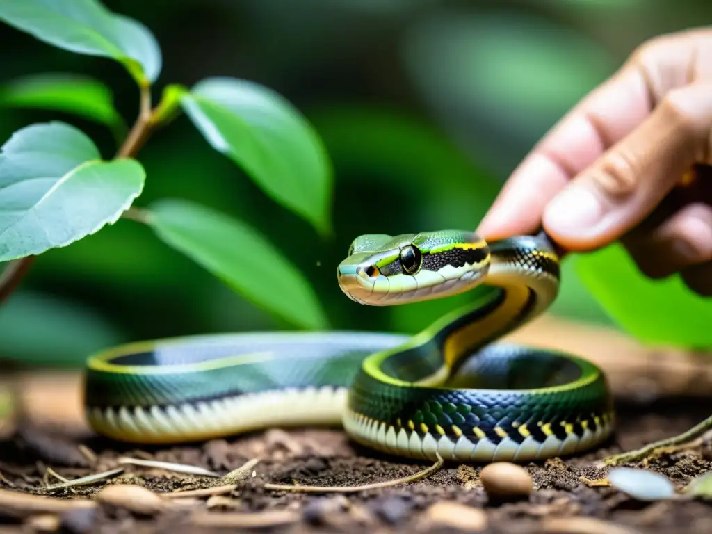 Un científico libera con cuidado una serpiente marcada en su hábitat natural, mostrando la dedicación en proyectos conservación serpientes anfibios