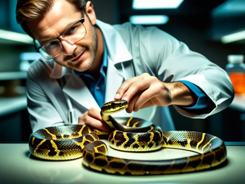 Un científico estudia con cuidado una serpiente no venenosa en un laboratorio de investigación, explorando la relación entre serpientes y humanos