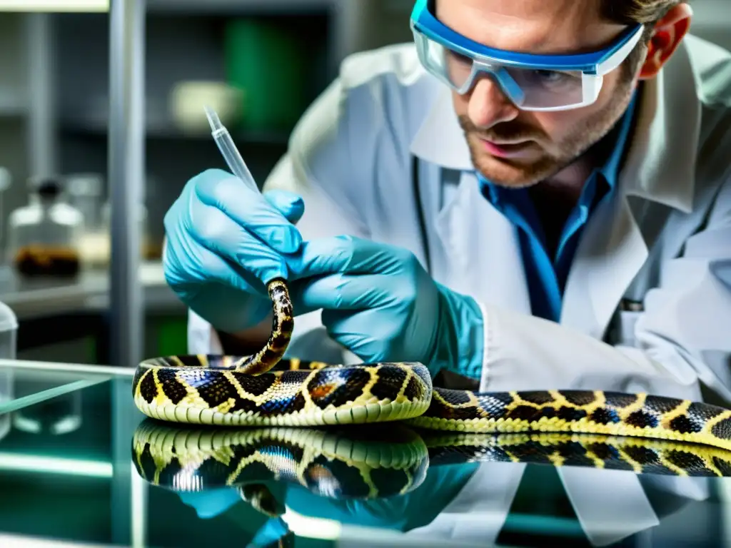 Un científico maneja con cuidado una serpiente venenosa en un laboratorio de investigación, demostrando precisión y concentración