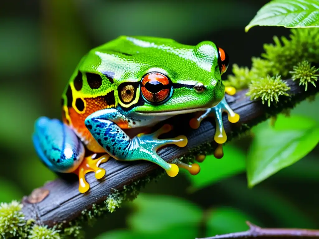 Un científico examina con cuidado la textura y color de una rana en su hábitat natural