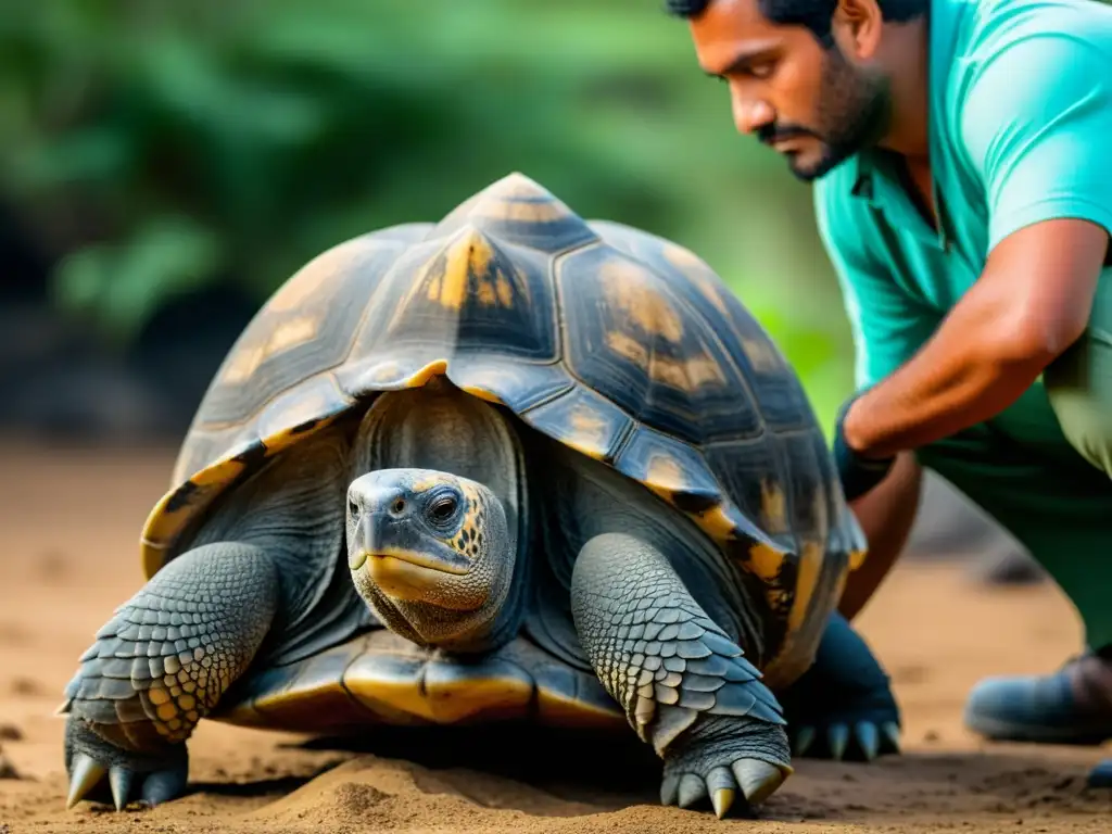 Un científico examina con cuidado a una tortuga gigante de Galápagos, reflejando la conservación de tortugas gigantes en Galápagos