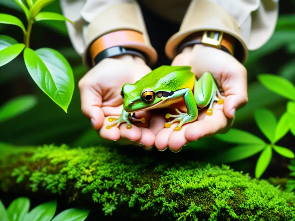 Un científico libera con cuidado una vibrante rana verde en su hábitat natural, rodeada de exuberante vegetación