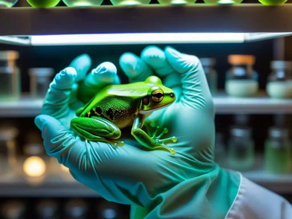 Un científico cuidadosamente manipula un delicado huevo de rana en un laboratorio