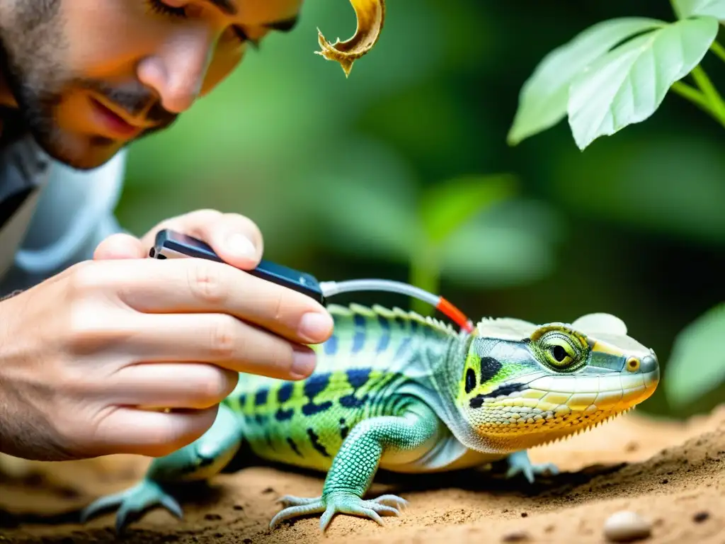 Científico colocando dispositivo de rastreo en reptil recién reintroducido, destacando técnicas de monitoreo postreintroducción de reptiles