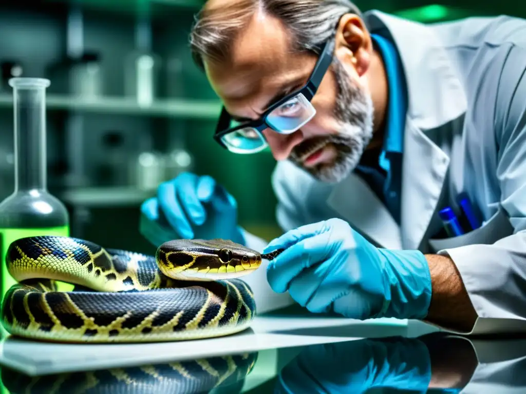 Un científico experto extrae veneno de una serpiente en un laboratorio, destacando los avances científicos antivenenos reptiles