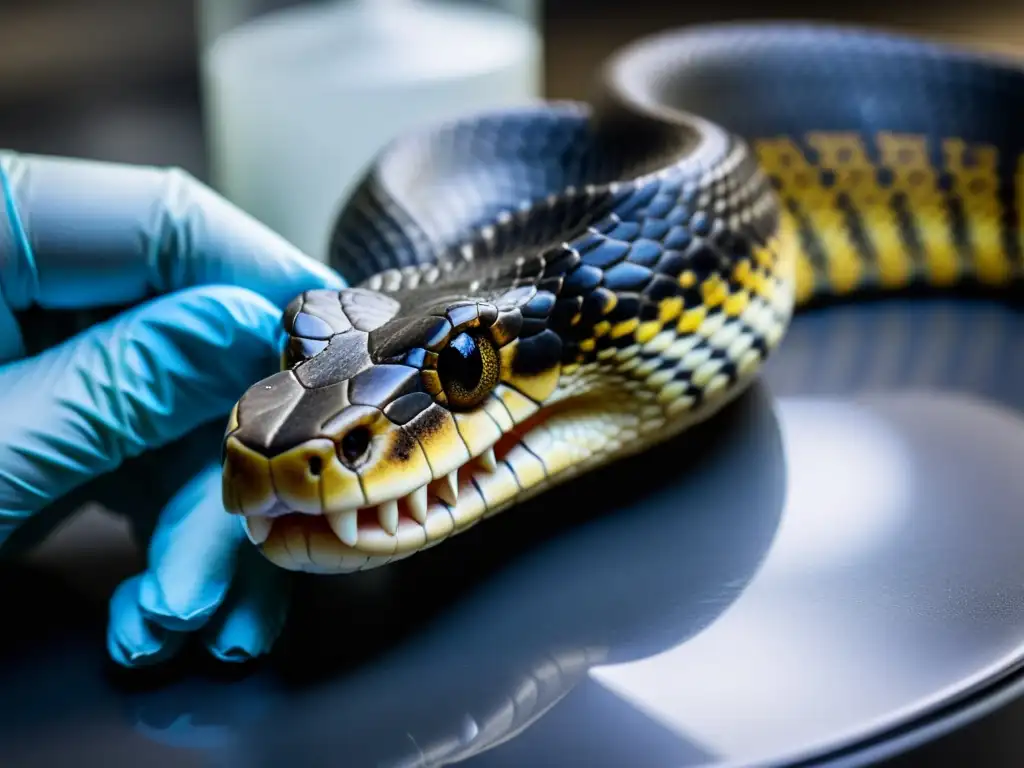 Un científico con guantes examina de cerca el colmillo de una serpiente venenosa