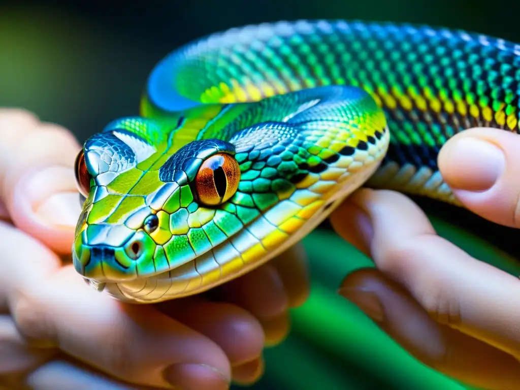 Un científico examina detenidamente las intrincadas escamas de una serpiente iridiscente en un laboratorio moderno, resaltando la importancia de la cría selectiva de reptiles genética